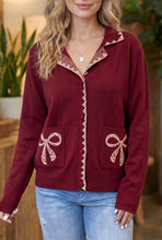 Load image into Gallery viewer, Burgundy Bow Pocket Collar Long Sleeve Knit Cardigan