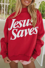 Load image into Gallery viewer, Mist Blue Jesus Saves Slogan Print Stand Neck Baggy Sweatshirt