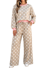 Load image into Gallery viewer, Khaki Polka Dot Contrast Trim Long Sleeve Top Drawstring Shift Pants Set