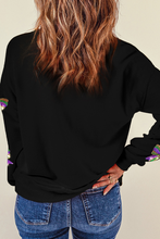 Load image into Gallery viewer, Black Sequin Mardi Gras Bow Graphic Drop Shoulder Pullover Sweatshirt