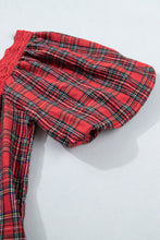 Load image into Gallery viewer, Red Plaid Square Collar Lace Trim Short Sleeve Shift Mini Dress