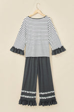 Load image into Gallery viewer, Gray Stripe V Neck Ruffle Contrast Sleeve Top Drawstring Pants 2pcs Set