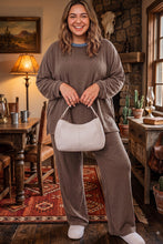 Load image into Gallery viewer, Dark Brown Long Sleeve Round Neck Patchwork Colorblock Plus Size Set