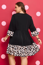 Load image into Gallery viewer, Black Plus Size Leopard Patchwork V Neck 3/4 Sleeve Ruffle Hem Mini Dress