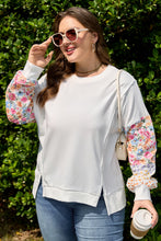 Load image into Gallery viewer, White Plus Size Exposed Seam Detail Contrast Dot Floral Patchwork Sleeve Sweatshirt