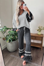 Load image into Gallery viewer, Gray Stripe V Neck Ruffle Contrast Sleeve Top Drawstring Pants 2pcs Set