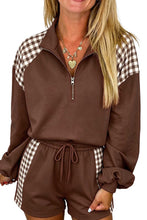 Load image into Gallery viewer, Fiery Red Plaid Patchwork Half Zip Pullover Drawstring Short Set