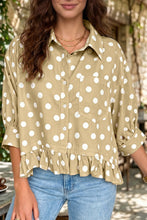 Load image into Gallery viewer, White Polka Dot Print Three Quarter Sleeve Ruffle Hem Casual Shirt