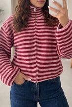 Load image into Gallery viewer, Red Stripe Striped High Neck Zip-up Sweater Long Sleeve Casual Fit Drop Shoulder Open Front Cardigan