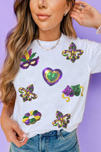 Load image into Gallery viewer, White Sequined Mardi Gras Symbolic Pattern Casual Tee