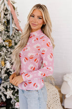 Load image into Gallery viewer, Pink Abstract Santa Print Stand Neck Sheath Long Sleeve Top