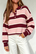 Load image into Gallery viewer, Pink Striped Polo Collar Long Sleeve Ribbed Cuff Casual Knit Sweater