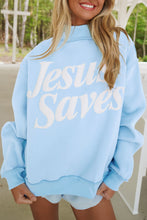 Load image into Gallery viewer, Mist Blue Jesus Saves Slogan Print Stand Neck Baggy Sweatshirt