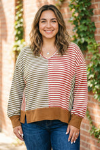 Load image into Gallery viewer, Brown Stripe Striped Colorblock V Neck Oversized Long Sleeve Plus Size Blouse