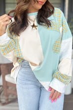 Load image into Gallery viewer, Light Blue Plaid Patchwork Round Neck Long Sleeve Top
