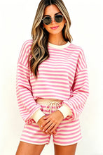 Load image into Gallery viewer, Pink Striped Long Sleeve Crew Neck Drawstring Waist Shorts Set