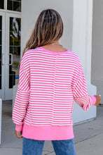 Load image into Gallery viewer, Pink Stripe Textured Knit Color Block Trim Split Hem Long Sleeve Top