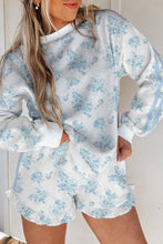 Load image into Gallery viewer, Sky Blue Floral Print Striped Detail Long Sleeve Top Ruffle Hem Shorts 2pcs Set