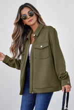 Load image into Gallery viewer, Blackish Green Solid Color Zip Up Button Flap Pocket Shirt Collar Jackets