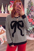 Load image into Gallery viewer, Black Stripe Velvet Bow Pattern Dropped Shoulder Loose Sweatshirt