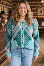 Load image into Gallery viewer, Green Plaid V Neck Long Sleeve Shift Cardigan Sweater