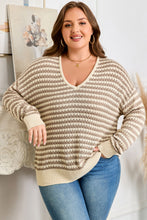 Load image into Gallery viewer, Khaki Stripe Plus Size V Neck Drop Shoulder Sweater
