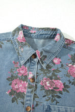 Load image into Gallery viewer, Sky Blue Floral Print Raw Seam Ruffle Hem Denim Jacket