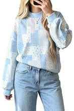 Load image into Gallery viewer, Sky Blue Patchwork Floral Print Mock Neck Long Sleeve Sweatshirt