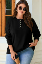 Load image into Gallery viewer, Black Solid Button Placket Crew Neck Plus Size Sweatshirt
