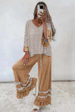 Load image into Gallery viewer, Gray Stripe V Neck Ruffle Contrast Sleeve Top Drawstring Pants 2pcs Set
