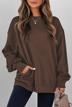 Load image into Gallery viewer, Coffee Solid Color Textured Round Neck Drop Shoulder Pullover Sweatshirt