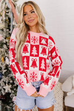 Load image into Gallery viewer, Pink Christmas Plaid Pullover Round Neck Long Sleeve Casual Fit Tunic Knitwear Sweater