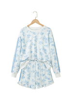 Load image into Gallery viewer, Sky Blue Floral Print Striped Detail Long Sleeve Top Ruffle Hem Shorts 2pcs Set
