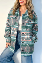 Load image into Gallery viewer, Green Geometric Print Button Front Long Sleeve Shacket
