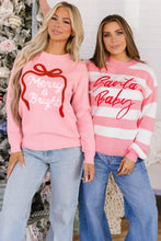 Load image into Gallery viewer, Pink Stripe Santa Baby Embroidered Christmas Slogan Drop Shoulder Pullover Sweater