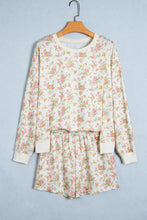 Load image into Gallery viewer, Beige Floral Print Long Sleeve Shift Top Pocketed Shorts 2pcs Set