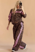 Load image into Gallery viewer, Brown Leopard Print Contrast Striped Detail Long Sleeve Top Pant Set