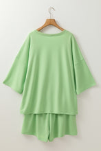 Load image into Gallery viewer, Meadow Mist Green Plus Size V Neck Drop Shoulder Tee Loose Shorts 2pcs Outfit