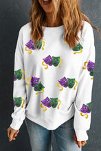Load image into Gallery viewer, White Sequined Mardi Gras Mask Pattern Drop Shoulder Sweatshirt