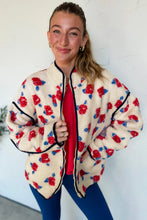 Load image into Gallery viewer, White Floral Print Zipper Stand Neck Outerwear Fleece Coat