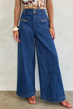 Load image into Gallery viewer, Sail Blue Hardware Decor Patched Pockets Wide Leg Denim Pants