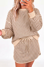 Load image into Gallery viewer, Brown Gingham Oversized Ribbed Trim Crew Neck Long Sleeve Top and Skort Set