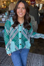 Load image into Gallery viewer, Green Plaid V Neck Long Sleeve Shift Cardigan Sweater