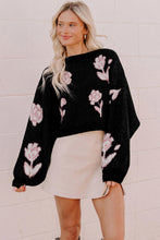 Load image into Gallery viewer, Black Floral Pattern Puff Sleeve Dropped Shoulder Pullover Sweater