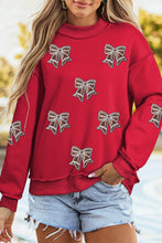 Load image into Gallery viewer, Racing Red Sequin Bowknot Mock Neck Game Day Casual Sweatshirt