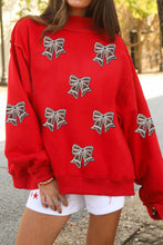Load image into Gallery viewer, Racing Red Sequin Bowknot Mock Neck Game Day Casual Sweatshirt