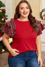 Load image into Gallery viewer, Racing Red Plaid Pearl Ruffled Short Sleeve Knitted Christmas Holiday Plus Size T-shirt