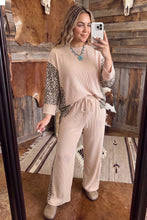 Load image into Gallery viewer, Light French Beige Leopard Print Ribbed Twist Long Sleeve Top Pants Plus Size Set
