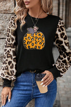 Load image into Gallery viewer, Khaki Leopard Sleeve Pumpkin Print Graphic Knit Top