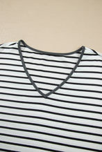 Load image into Gallery viewer, Gray Stripe V Neck Ruffle Contrast Sleeve Top Drawstring Pants 2pcs Set